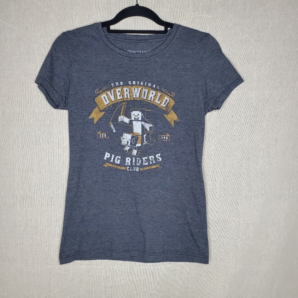 ♤ Minecraft Overworld Pig Riders Club Gray Short Sleeve Shirt Size Large (Y)